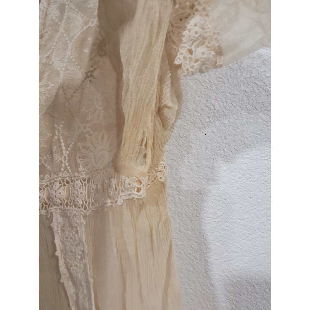 Free People Vintage Cream Silk Lace M Boho Blouse Sheer Ribbon V-Neck Top #22 - Picture 8 of 9